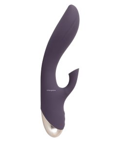 The purple sex toy from the side standing on a white background