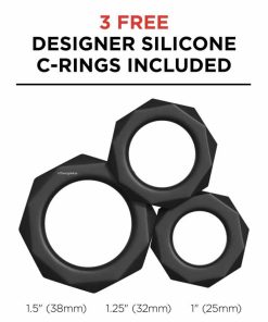 Three Cock Rings that come with the black male masturbator