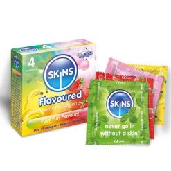 Skins Flavoured 4-Pack Condoms Fun Box With Four Single Condoms Standing With The Display Box