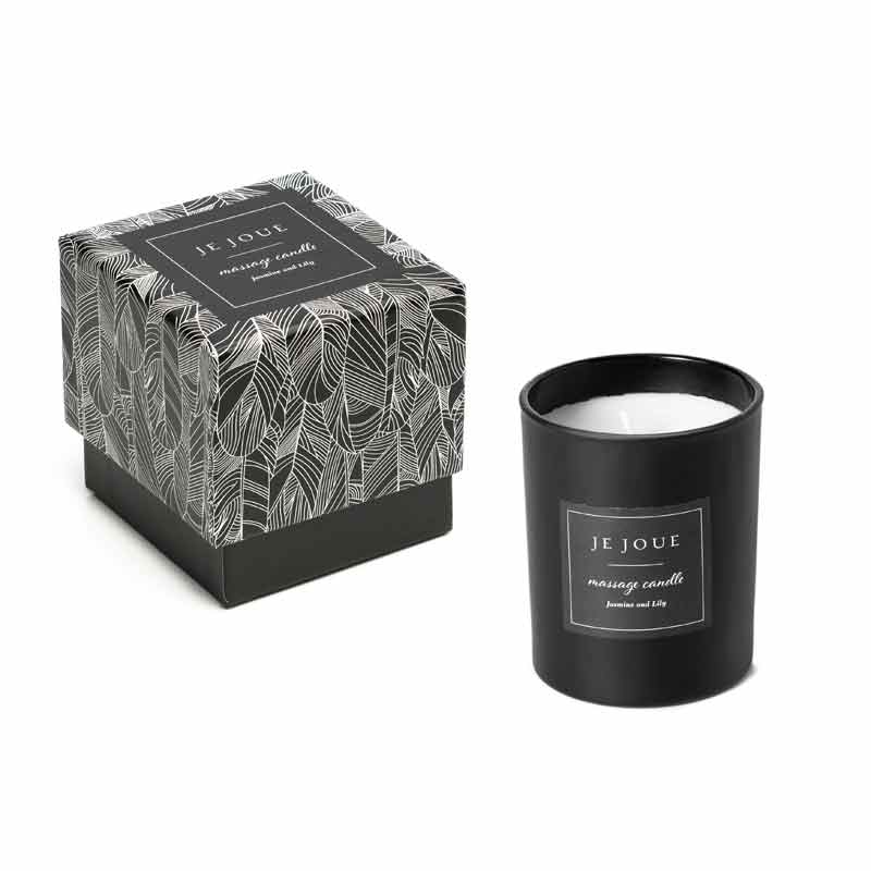 Je Joue Luxury Massage Candles Black and outer box.