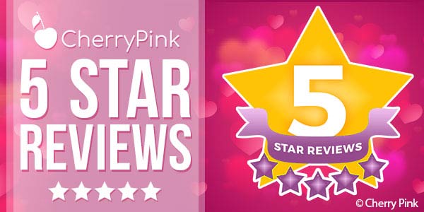 Cherry Pink 5 Star Reviews wrote in white with a Big Yellow Star with 5 in the center. Plus 5 small Purple Stars.