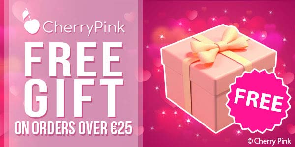 Cherry Pink Free Gift on Orders Over €25 wrote in white with a pink present.