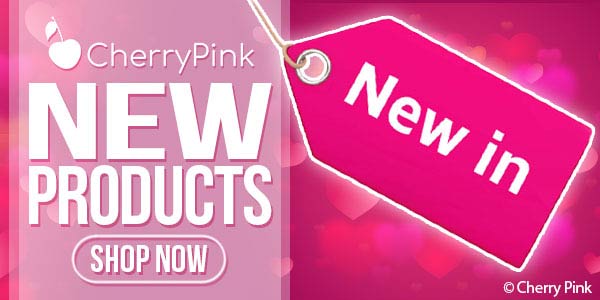 Cherry Pink New Products Shop Now wrote in white with a pink and white label.