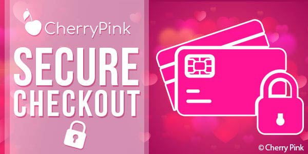 Cherry Pink Secure Checkout wrote in white with pink credit cards and lock.