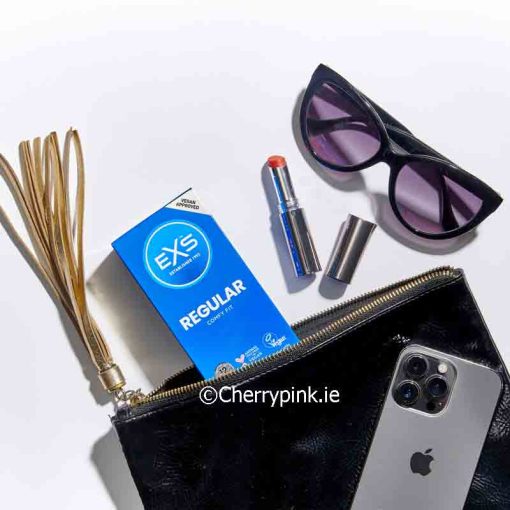 EXS Regular Condoms, Sunglass, Lipstick Vibrator, Whip and iPhone in a Handbag