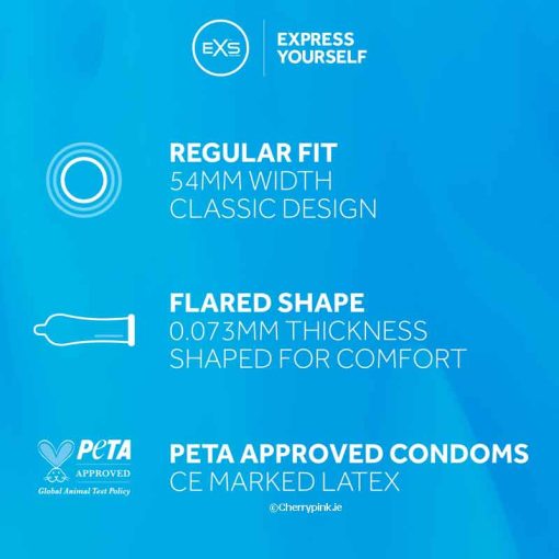 EXS Regular Condoms 12 Pack Blue Information Leaflet