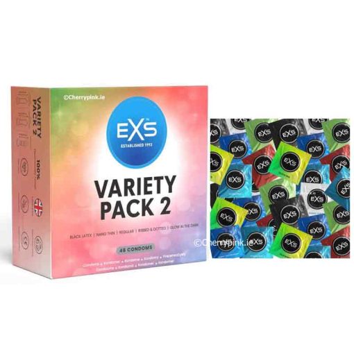 EXS Variety Pack 2 Condoms Box beside lots of coloured condoms.