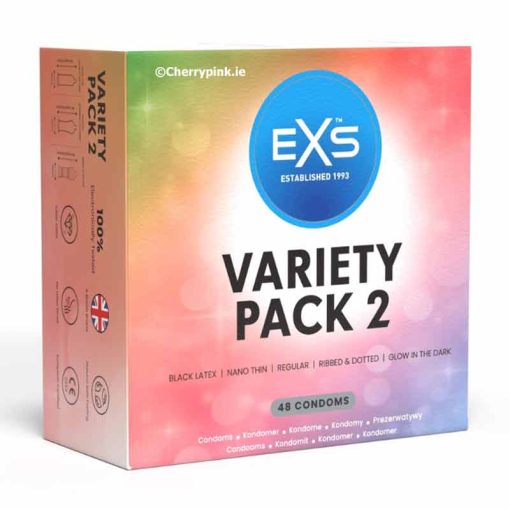 EXS Variety Pack 2 Condoms 48 Box on a white background