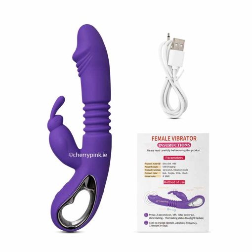 The purple sex toy standing with all its information