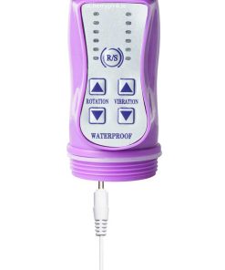 The purple vibrator with its charging cable plugged into it