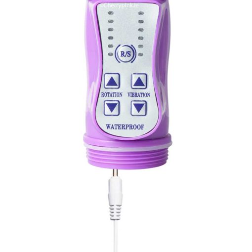 The purple vibrator with its charging cable plugged into it