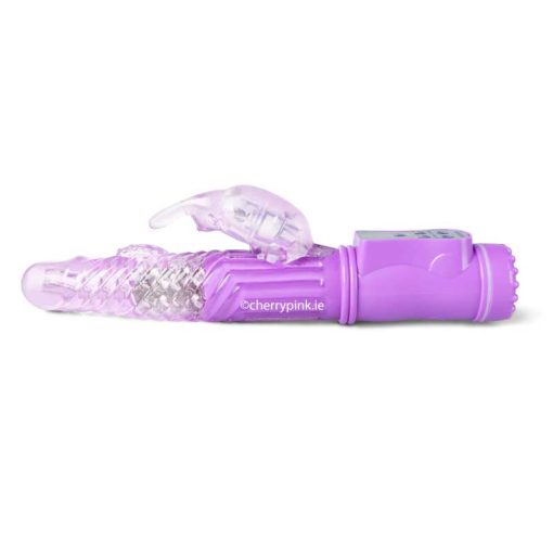 USB Rechargeable Purple Rabbit Pearls Vibrator lying on its side