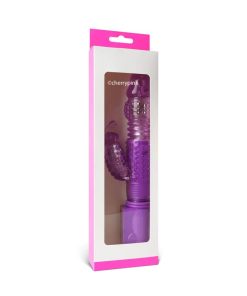 The purple vibrator in its white and purple display box