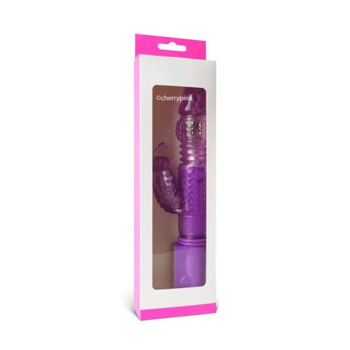 The purple vibrator in its white and purple display box