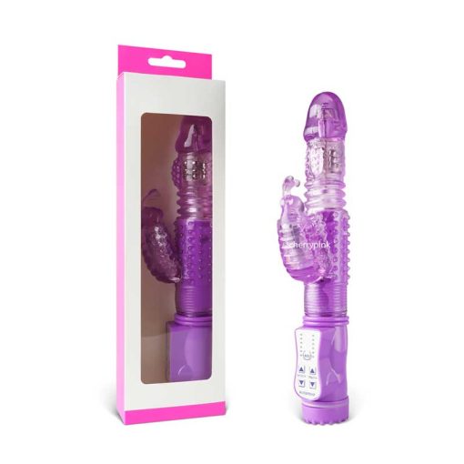 The purple vibrator standing with its display box