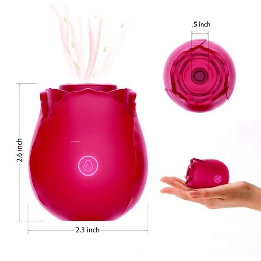 The sizes of the rose shaped clitoral vibrator and a women holding it in her hand