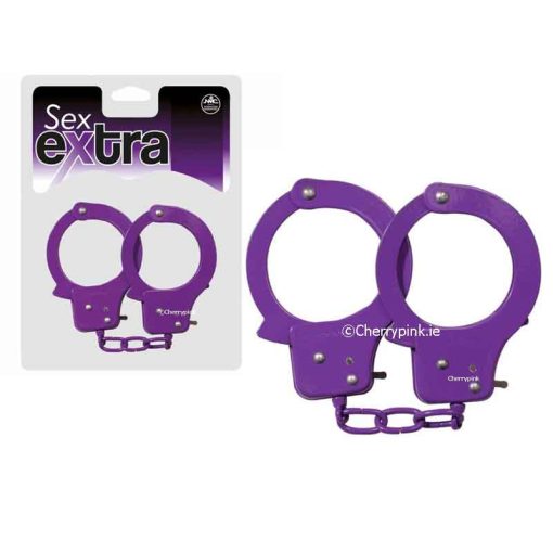 Sex Extra Metal Bondage Handcuff in Purple with the outer packet.