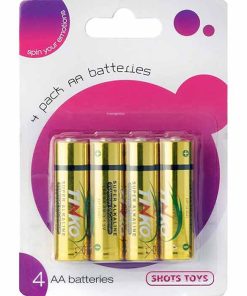 Shots Sex Toy AA Alkaline Batteries 4 Pack standing on a White Background