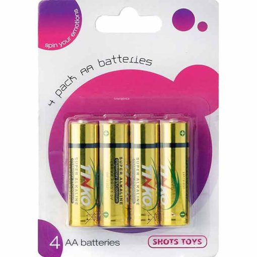 Shots Sex Toy AA Alkaline Batteries 4 Pack standing on a White Background