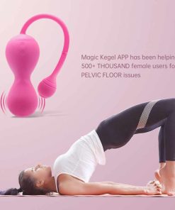 A poster of a women doing pelvic floor exercises and the pink Kegel egg