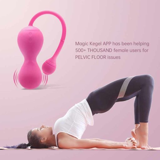 A poster of a women doing pelvic floor exercises and the pink Kegel egg