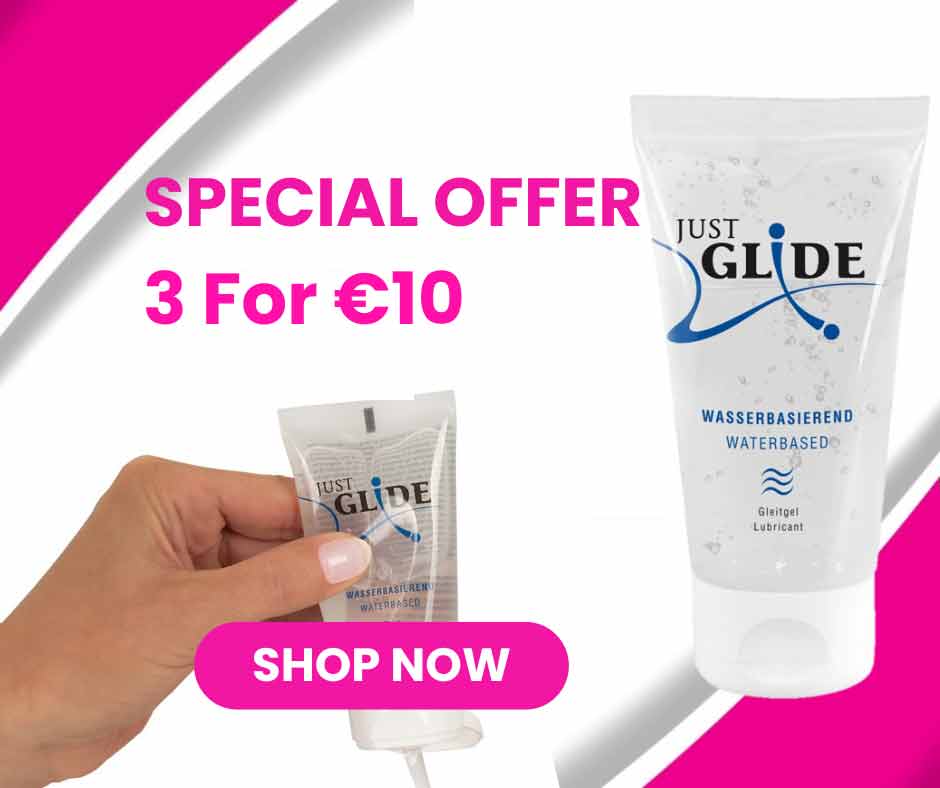 Special Offer 3 for €10 wrote in pink with a bottle of Just Glide Lubricant and a hand squeezing a bottle of Just Glide Lube.