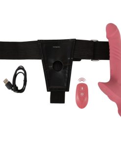 The harness with the pink dildo and charging cable and remote controller