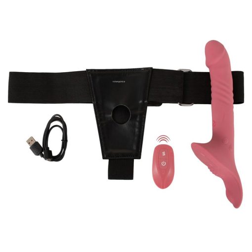 The harness with the pink dildo and charging cable and remote controller