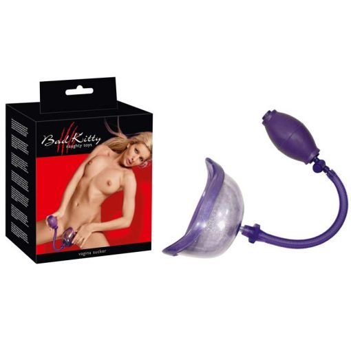 Vagina Sucker Pussy Pump by Bad Kitty Outer Box and Purple Pump.