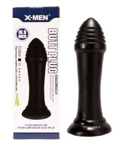 X-MEN 10.9 Inch Girthy Butt Plug in Black and its outer box.