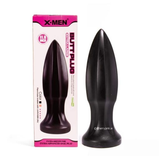 X-MEN Extra Large Tapered Butt Plug in Black with its outer box.